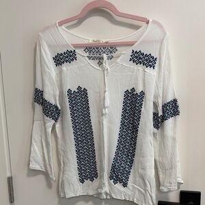Solitaire White Peasant Blouse with Navy Embroidery